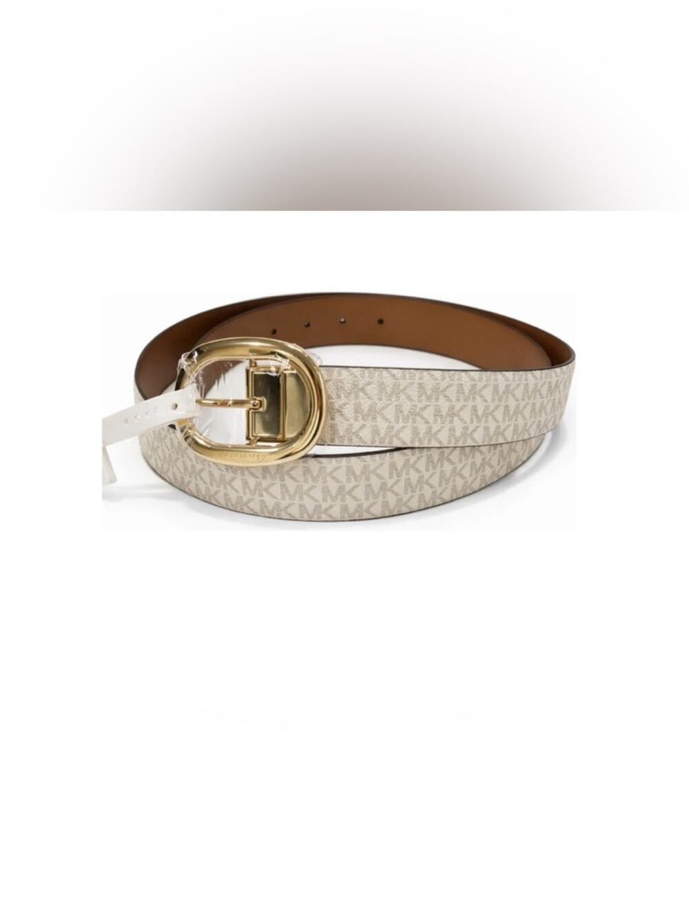 NEW Michael Kors REVERSIBLE Beige Logo & Cognac Brown Belt Gold Oval Buckle SZ M